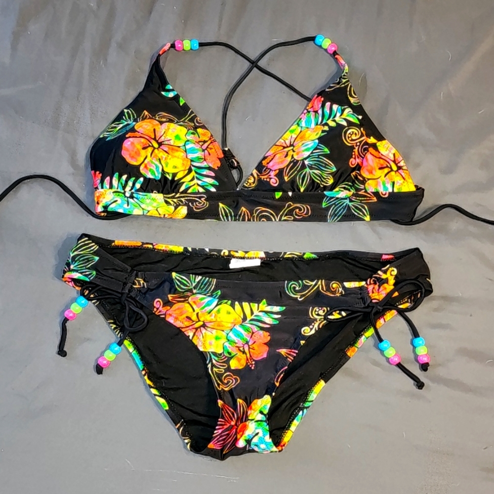 Wurl Black & Neon Floral Two Piece Swimsuit, Size L